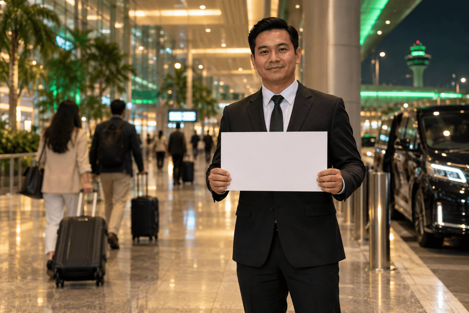 Chauffeur in a dark suit holding a name board at Changi Airport arrivals at night, a black Toyota Alphard waiting at the kerb
