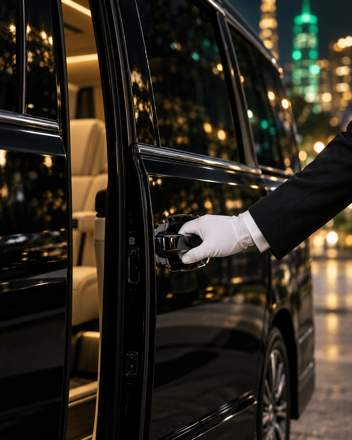 Chauffeur's white-gloved hand opening the sliding door of a black Toyota Alphard at night