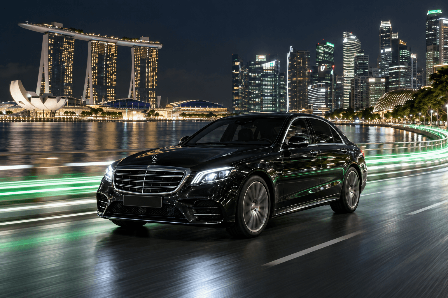 Black Mercedes-Benz S-Class driving along Marina Bay at night with Marina Bay Sands behind