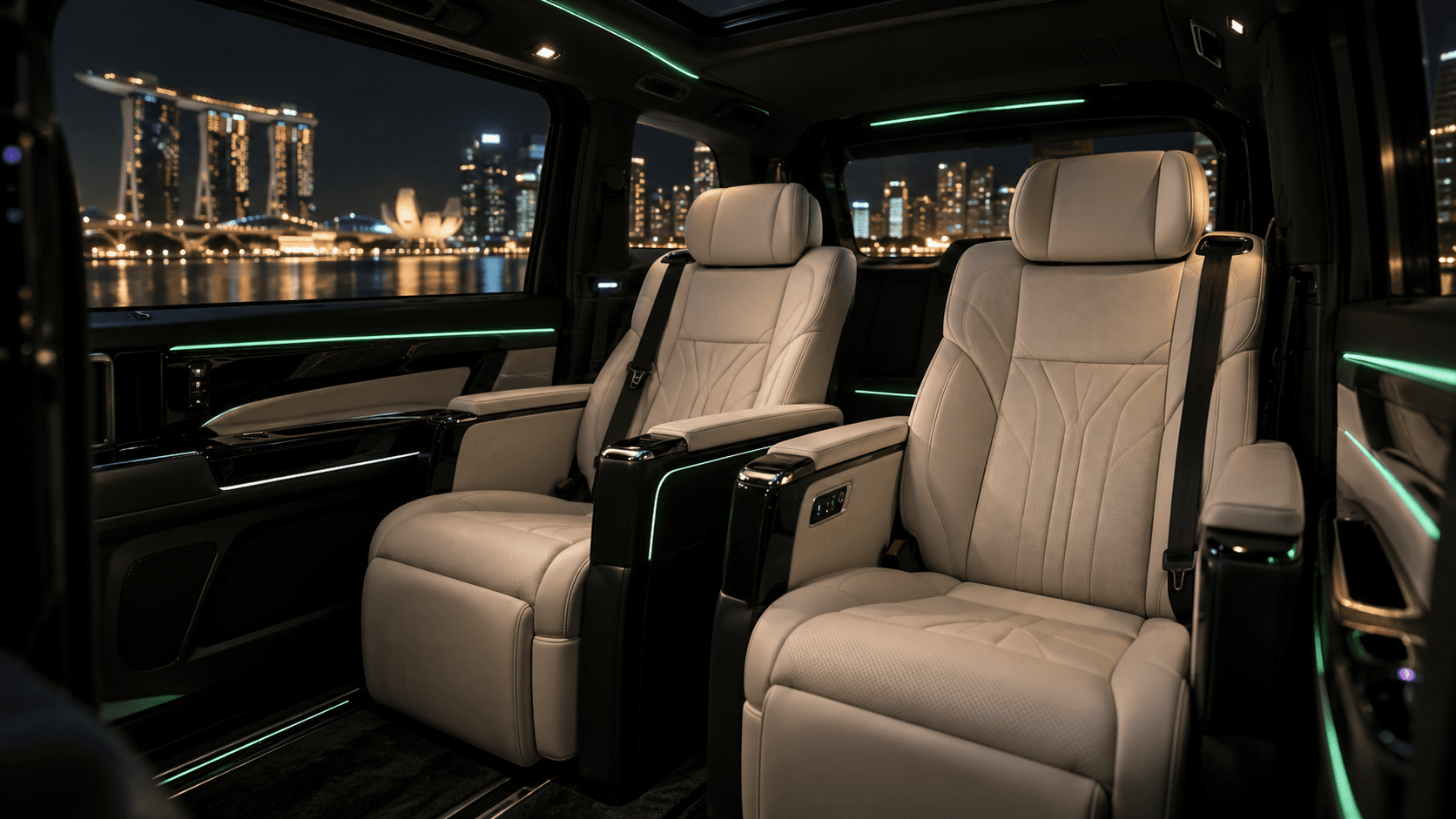 Rear cabin of a Toyota Alphard with cream captain seats, Marina Bay at night through the window